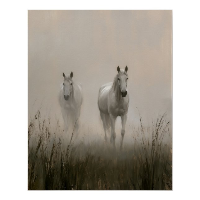 Póster Dois Cavalos Brancos em uma Pintura de Prado Nebul (Frente)