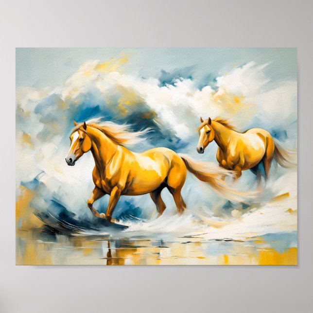 Poster Dois Cavalos Galopando Através De Água Suave (Frente)