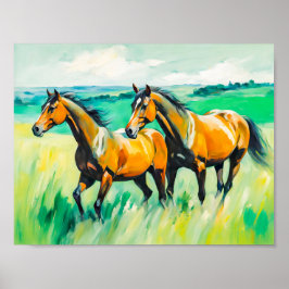 Poster Dois Cavalos Marrons Correndo Sobre O Prado Verde