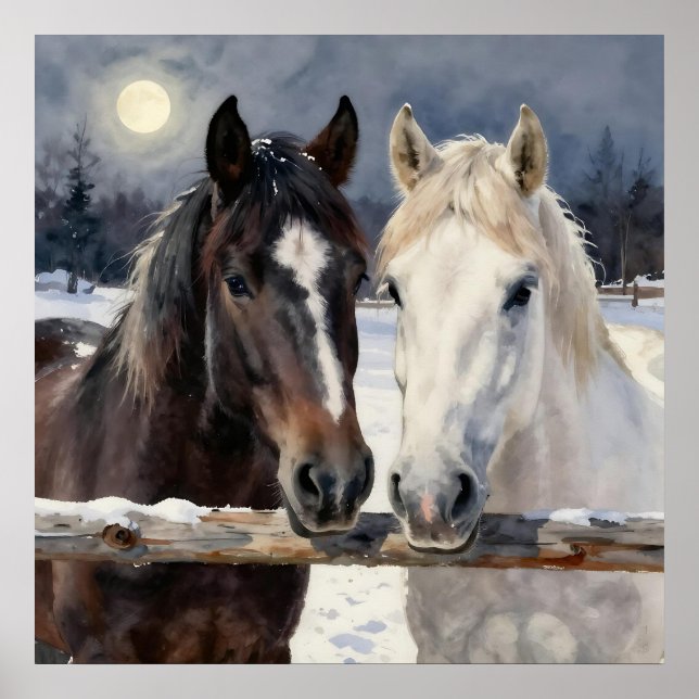 Poster Dois Cavalos numa Fazenda Nevada sob a Lua (Frente)