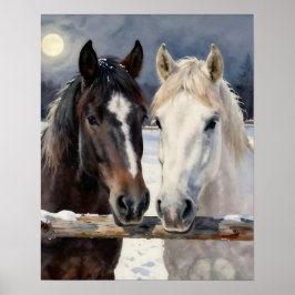 Poster Dois Cavalos numa Fazenda Nevada sob a Lua