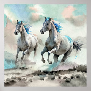 Poster Dois Cavalos Selvagens em Corrida Aquarela