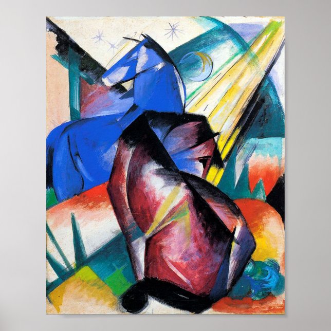 Poster Dois cavalos vermelhos e azuis de Franz Marc (Frente)