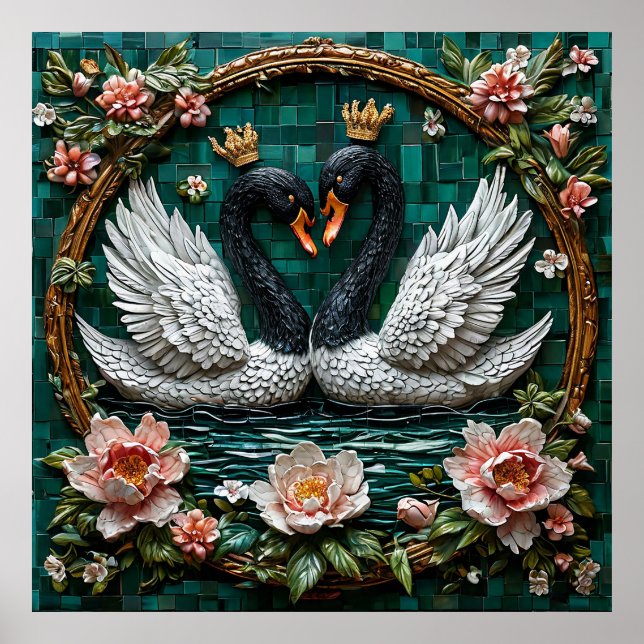 Poster Dois Cisnes Elegantes Com Coroas (Frente)