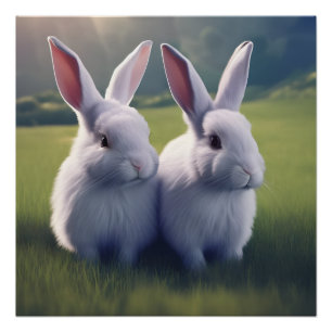 Póster Dois coelhos bonitos no campo Poster brilhante