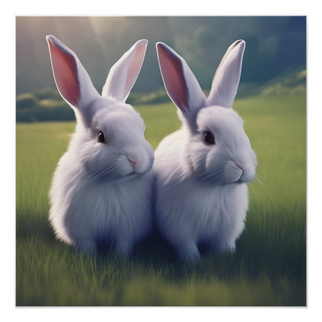 Póster Dois coelhos bonitos no campo Poster brilhante (Frente)