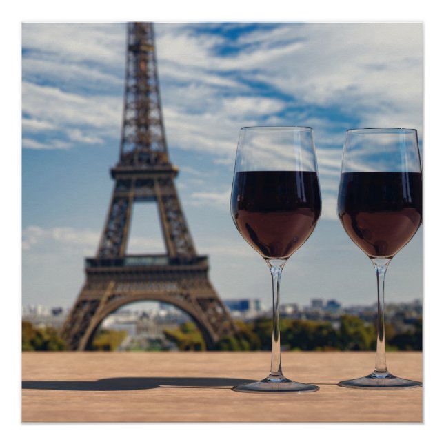 Póster Dois copos de vinho com torre Eiffel (Frente)