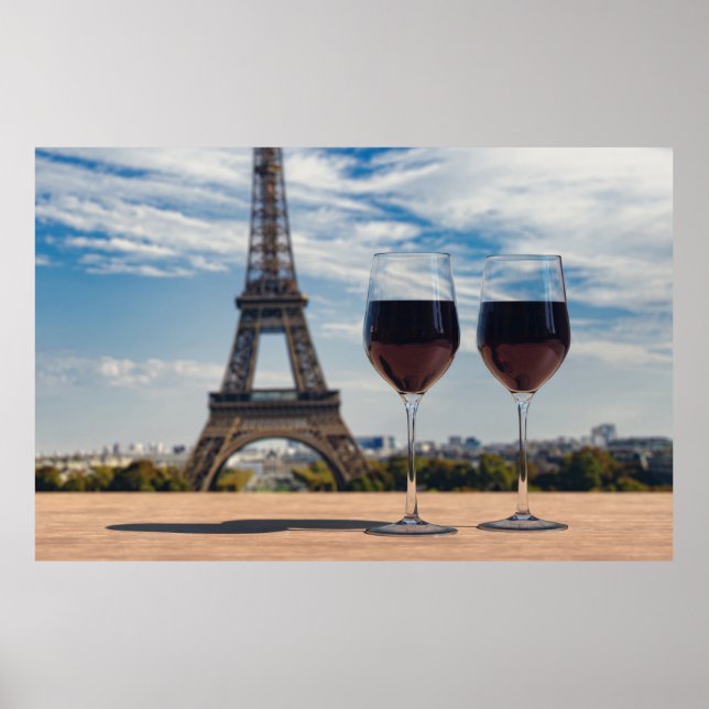 Poster Dois copos de vinho com torre Eiffel (Frente)