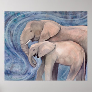 Póster Dois Elefantes Paintagem com Aquarela