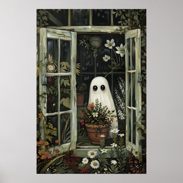 Poster Dois Fantasmas Fofos em Floresta de Flores Impress (Frente)