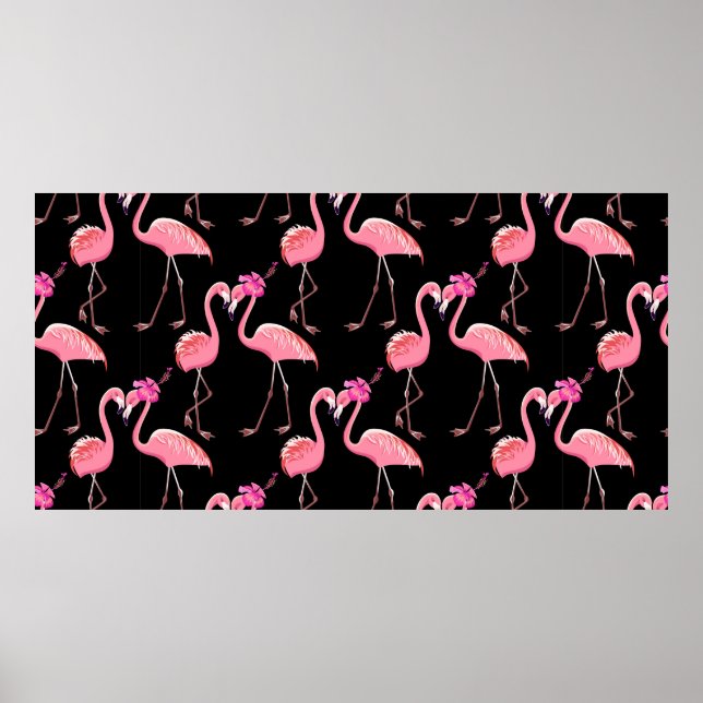 Poster Dois flamingos cor-de-rosa num fundo preto. Sem co (Frente)