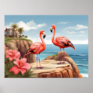 Poster Dois flamingos num penhasco
