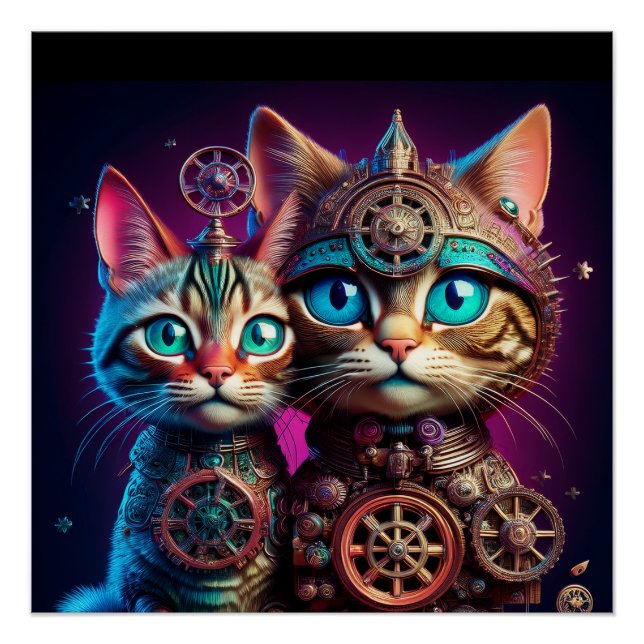 Póster Dois Gatinhos Steampunk Posam (Frente)