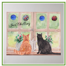 Dois Gatos nas Flores de Sereno Cênico da Janela