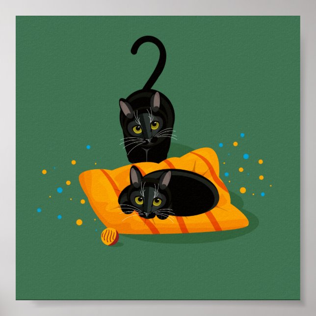 Poster Dois gatos pretos geométricos um sentou na almofad (Frente)