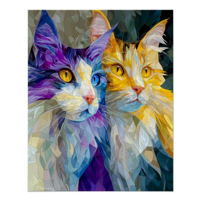 Póster Dois Gatos Roxos e Amarelos (Frente)