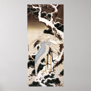 Póster Dois guindastes num pinho coberto de neve, Hiroshi