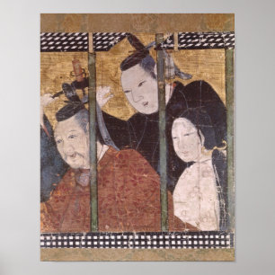 Póster Dois homens e mulher atrás do toldo, tela do