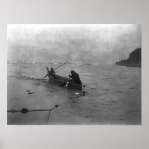 Póster Dois indianos que pescam no lago Quinault na canoa