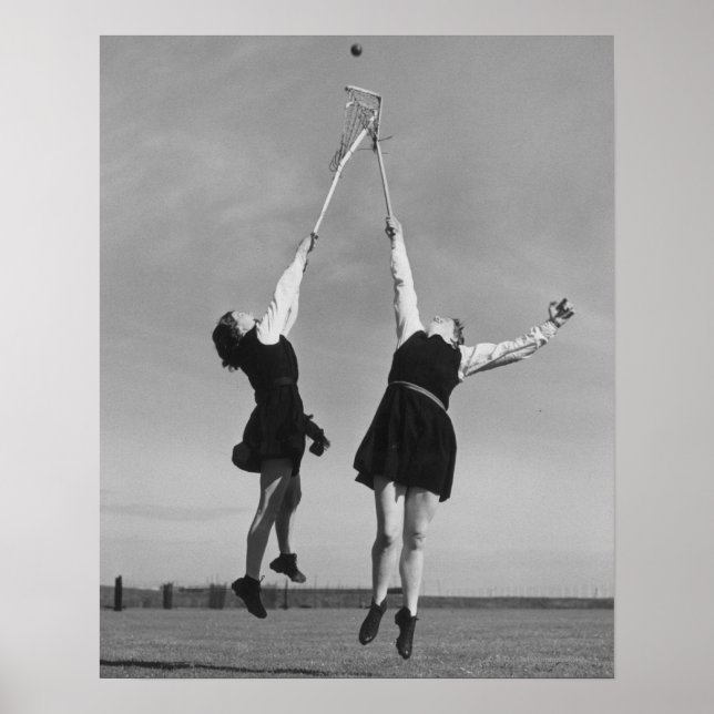 Póster Dois jogadores de lacrosse pulam para a bola. (Frente)