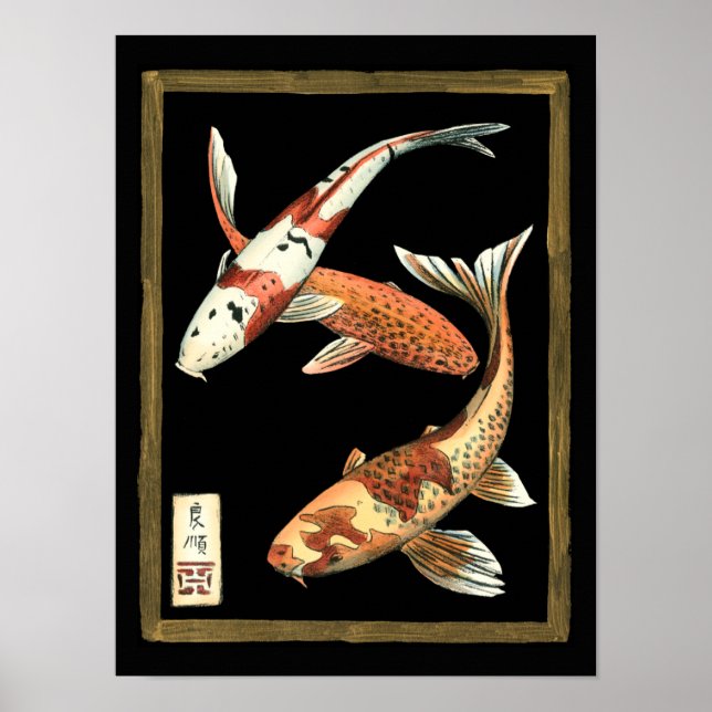 Póster Dois Koi Goldfish japoneses em preto (Frente)