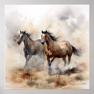 Poster “Dois Mustangs Selvagens” Aquarela Ocidental Empoe