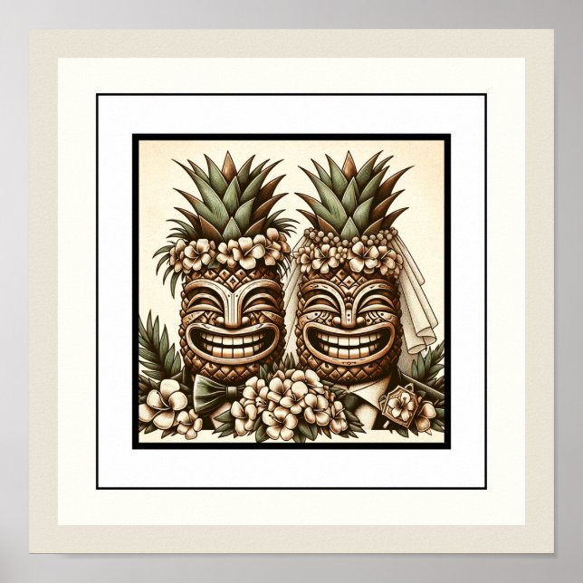 Poster Dois Noivos Gay Abacaxi Tiki Cabeça Casamento Retr (Frente)