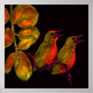 Póster dois pássaro-alaranjados pequenos e amarelos