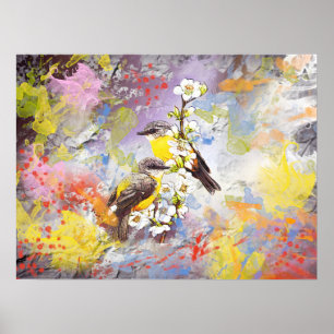 Poster Dois pássaros no ramo da flor da cereja