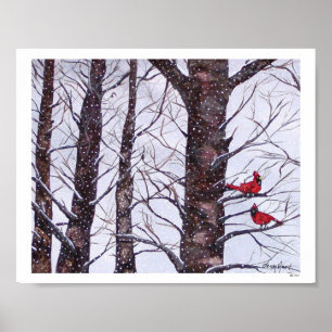 Póster Dois pássaros vermelhos no inverno