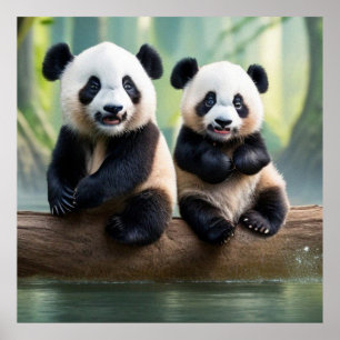 Poster Dois pequenos pandas bonitos posando para a câmera