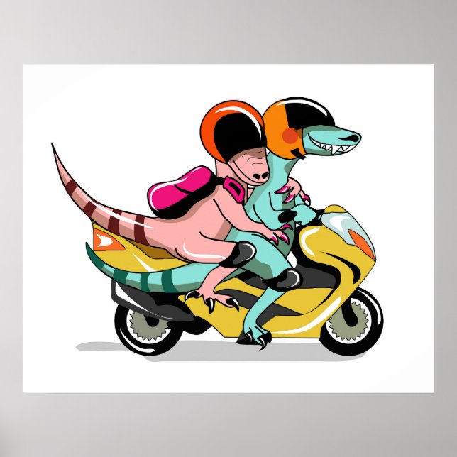 Poster Dois Raptores De Cartoon Andando Um Patinete De Mo (Frente)
