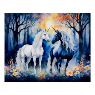 Póster Dois Unicórnios Juntos Sob o Céu Estrelado