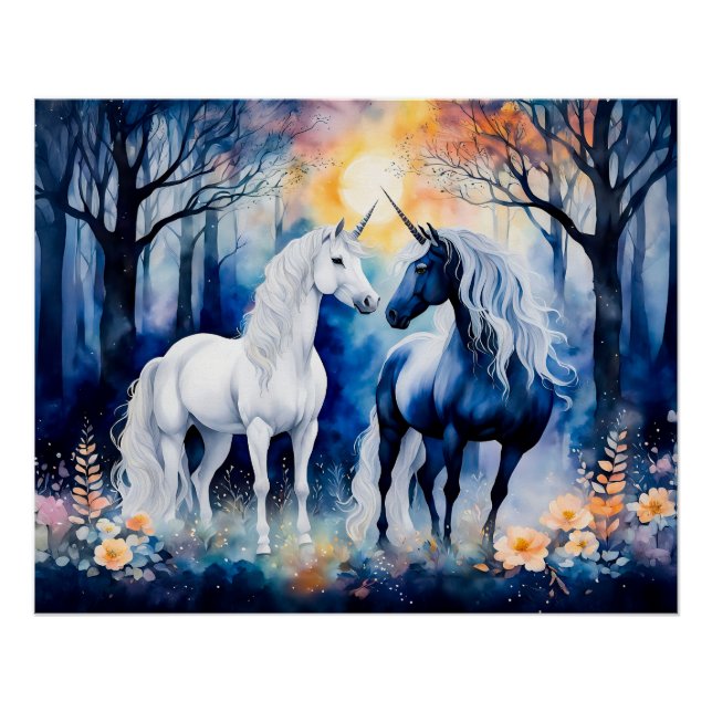 Póster Dois Unicórnios Juntos Sob o Céu Estrelado (Frente)