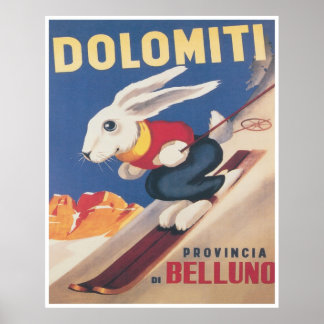 Poster Dolomites Itália Ski Bunny Viagens vintage ki