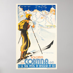 Poster DOLOMITI CORTINA e suas Esquis de Esqui Itália in