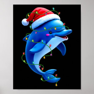 Poster Dolphin Santa Hat Árvore de Natal Engraçado Luz Xm