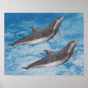 Póster Dolphins Blue Sky White Clouds Fantasy Art
