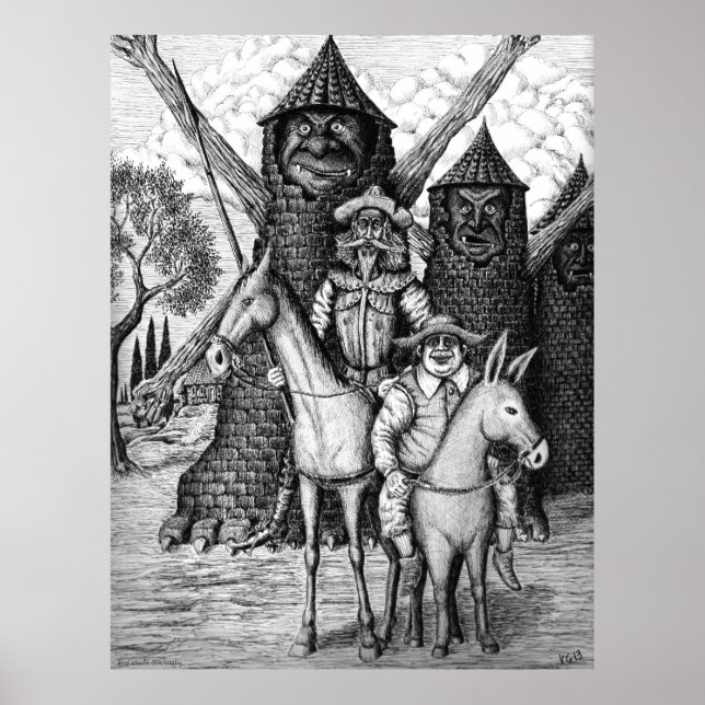 Póster Don Quixote e Sancho Panza - desenho da caneta de  (Frente)
