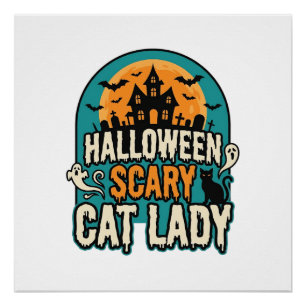 Póster Dona do Gato de Halloween Assustadora Vintage Casa