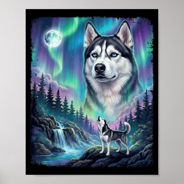 Poster Dono de Cachorro Husky Siberiano Uivando Luzes do  (Frente)