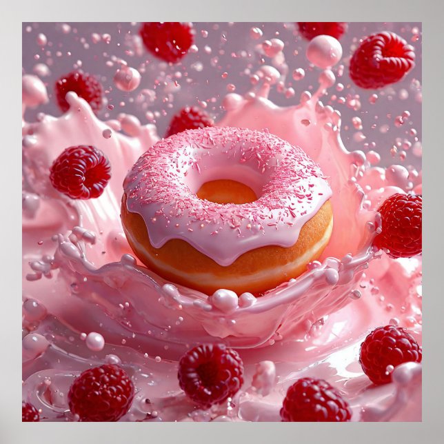 Poster Donut E Arte De Comida Com Framboesa Para Decoraçã (Frente)