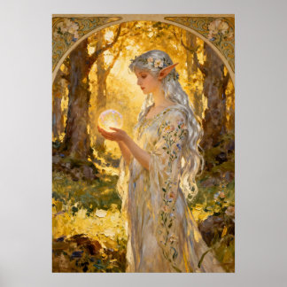 Poster Donzela Elfa Etérea no Estilo Art Nouveau
