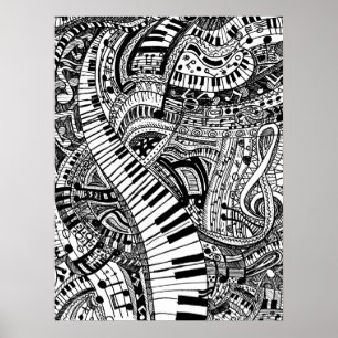 Póster Doodle da música clássica com teclado de piano