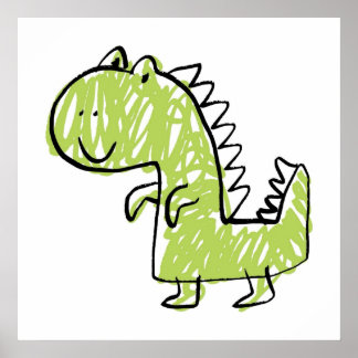 Poster Doodle de dinossauro verde sorridente Desenho para