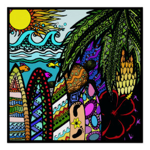 Póster Doodle havaiano da tinta, cor