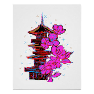 Póster Doodle japonés: La belleza serena de una pagoda