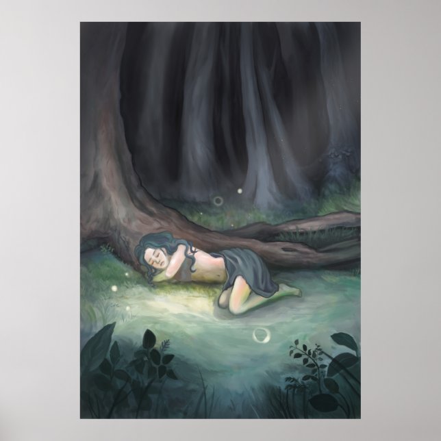 Póster Dormindo no mato - Menina na Pintura Florestal (Frente)