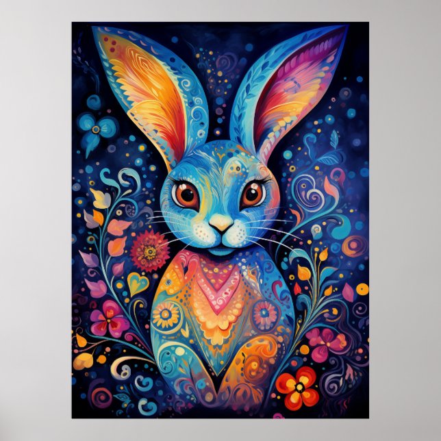 Poster Dotty Delight: Rainbow Doodle Bunny (Frente)