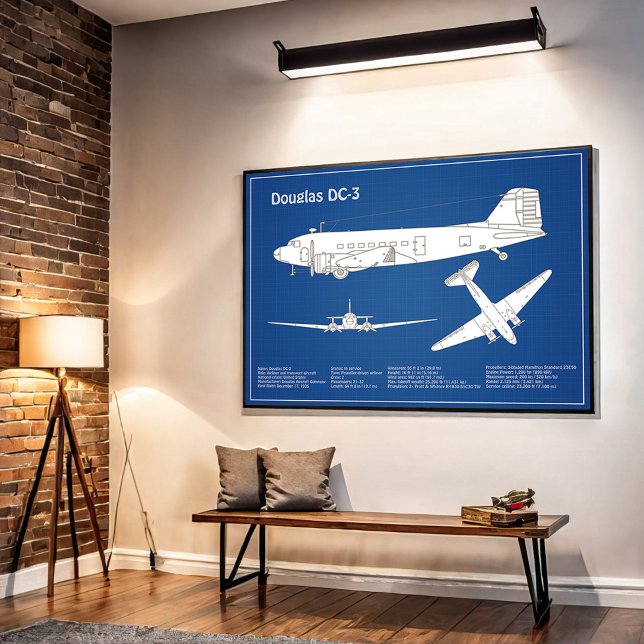 Poster Douglas DC-3 - Plano de desenho de projeto de aviã (Criador carregado)
